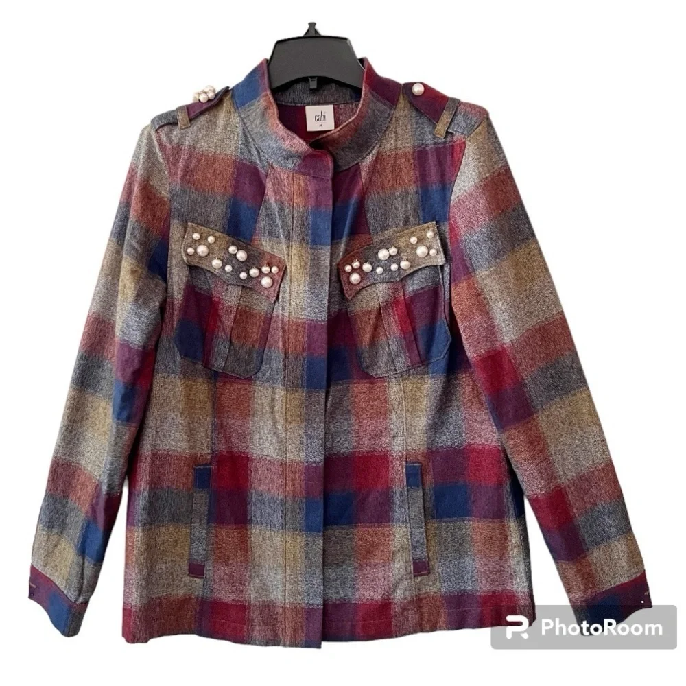 Cabi Plaid Collage Zip Front Jacket with Pearl Embellishment Style 3555 Medium